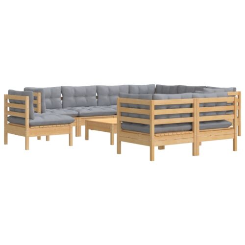 10-Piece Garden Lounge Set with Grey Cushions Pine Wood Outdoor Patio Furniture - Image 3