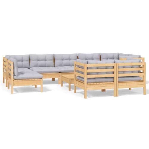 10-Piece Garden Lounge Set with Grey Cushions Pine Wood Outdoor Patio Furniture