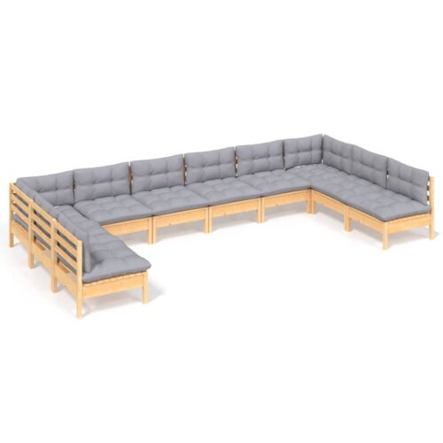 10-Piece Garden Lounge Set with Grey Cushions Pine Wood Outdoor Patio Furniture