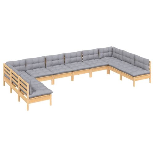 10-Piece Garden Lounge Set with Grey Cushions Pine Wood Outdoor Patio Furniture - Image 3