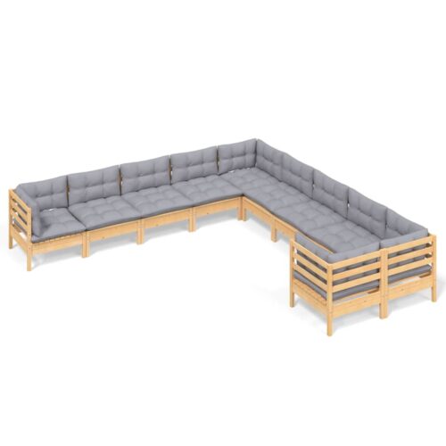 10-Piece Garden Lounge Set with Grey Cushions Pine Wood Outdoor Patio Furniture