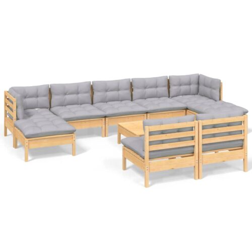 10-Piece Garden Lounge Set with Grey Cushions Pine Wood Outdoor Patio Furniture