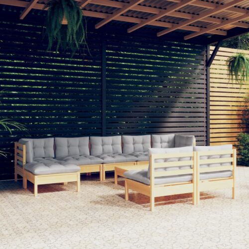 10-Piece Garden Lounge Set with Grey Cushions Pine Wood Outdoor Patio Furniture - Image 2