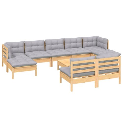 10-Piece Garden Lounge Set with Grey Cushions Pine Wood Outdoor Patio Furniture - Image 3