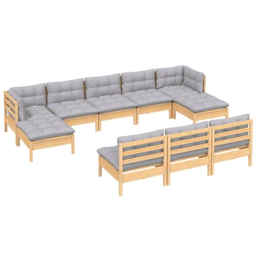 10-Piece Garden Lounge Set with Grey Cushions Pine Wood Outdoor Patio Furniture - Image 3