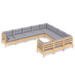 10-Piece Garden Lounge Set with Grey Cushions Pine Wood Outdoor Patio Furniture