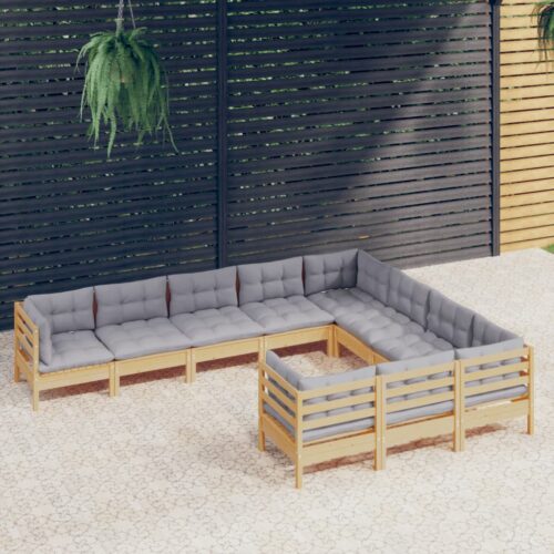 10-Piece Garden Lounge Set with Grey Cushions Pine Wood Outdoor Patio Furniture - Image 2