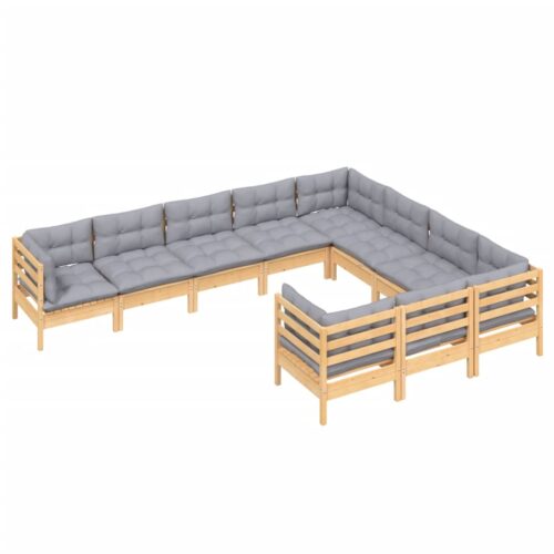 10-Piece Garden Lounge Set with Grey Cushions Pine Wood Outdoor Patio Furniture - Image 3