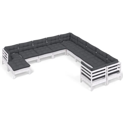 11-Piece Garden Lounge Set with Cushions White Pine Wood Outdoor Patio Furniture