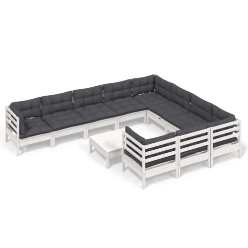 11-Piece Garden Lounge Set with Cushions White Pine Wood Outdoor Patio Furniture