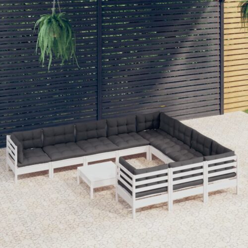 11-Piece Garden Lounge Set with Cushions White Pine Wood Outdoor Patio Furniture - Image 2