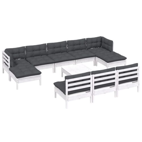 11-Piece Garden Lounge Set with Cushions White Pine Wood Outdoor Patio Furniture - Image 3
