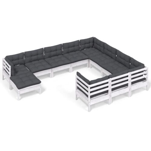 11-Piece Garden Lounge Set with Cushions White Pine Wood Outdoor Patio Furniture