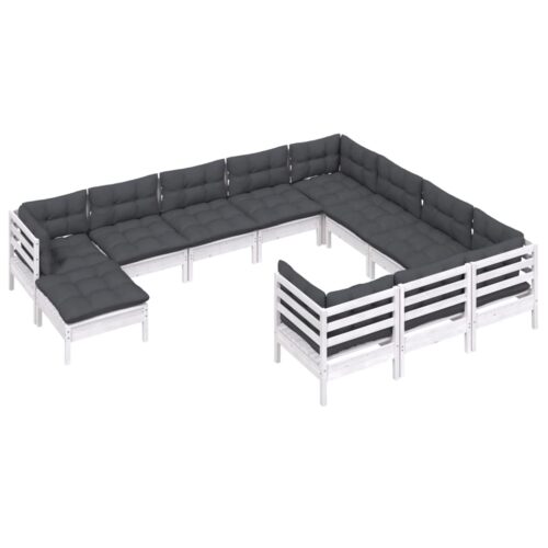 11-Piece Garden Lounge Set with Cushions White Pine Wood Outdoor Patio Furniture - Image 3