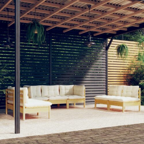 7-Piece Garden Lounge Set with Cream Cushions Pine Wood Outdoor Patio Furniture - Image 2