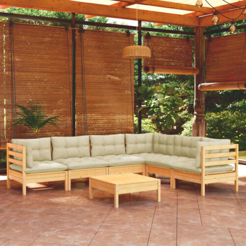 7-Piece Garden Lounge Set with Cream Cushions Pine Wood Outdoor Patio Furniture - Image 2