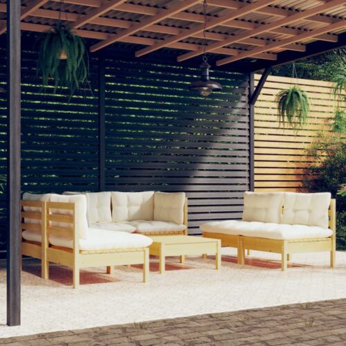 7-Piece Garden Lounge Set with Cream Cushions Pine Wood Outdoor Patio Furniture - Image 2