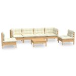 7-Piece Garden Lounge Set with Cream Cushions Pine Wood Outdoor Patio Furniture
