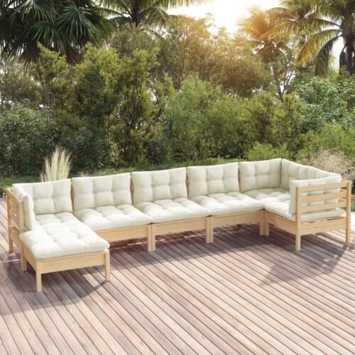 7-Piece Garden Lounge Set with Cream Cushions Pine Wood Outdoor Patio Furniture - Image 2