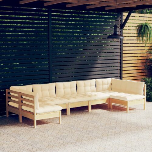 7-Piece Garden Lounge Set with Cream Cushions Pine Wood Outdoor Patio Furniture - Image 2