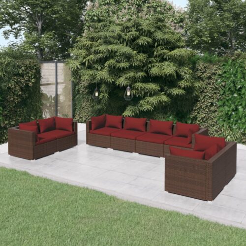 8-Piece Garden Lounge Set with Cushions Poly Rattan Wicker Outdoor Patio Furniture Brown - Image 2