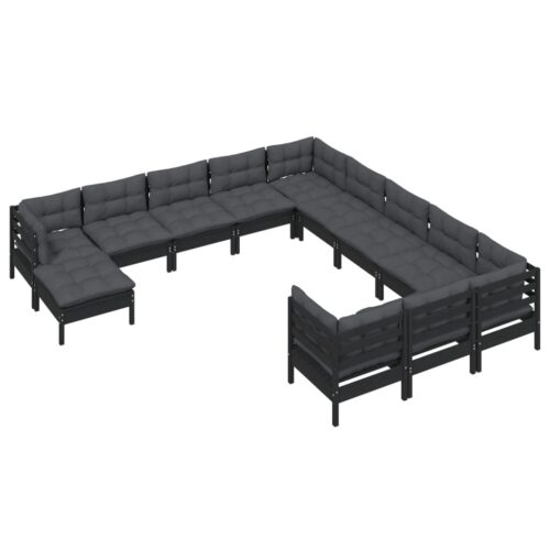 12-Piece Garden Lounge Set with Cushions Black Pine Wood Outdoor Patio Furniture - Image 3