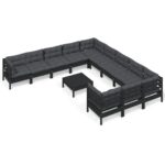 12-Piece Garden Lounge Set with Cushions Black Pine Wood Outdoor Patio Furniture