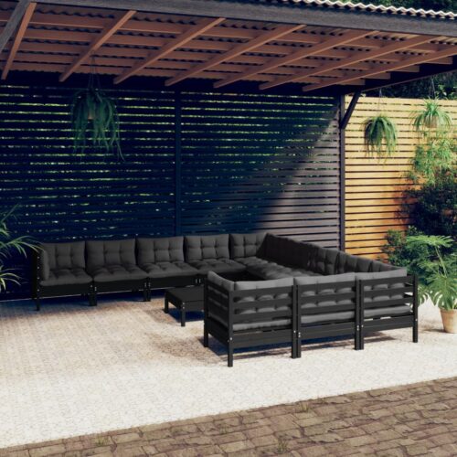 12-Piece Garden Lounge Set with Cushions Black Pine Wood Outdoor Patio Furniture - Image 2