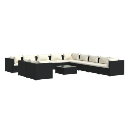 12-Piece Garden Lounge Set with Cushions Black Poly Rattan Wicker Outdoor Patio Furniture