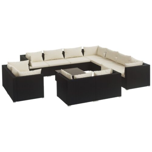 12-Piece Garden Lounge Set with Cushions Black Poly Rattan Wicker Outdoor Patio Furniture
