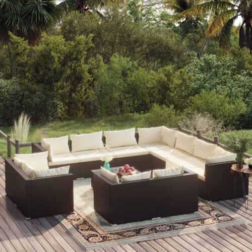 12-Piece Garden Lounge Set with Cushions Black Poly Rattan Wicker Outdoor Patio Furniture - Image 2