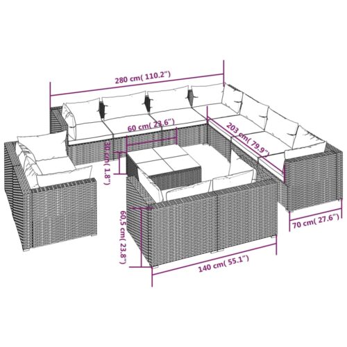 12-Piece Garden Lounge Set with Cushions Black Poly Rattan Wicker Outdoor Patio Furniture - Image 9