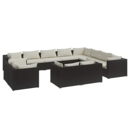 12-Piece Garden Lounge Set with Cushions Black Poly Rattan Wicker Outdoor Patio Furniture