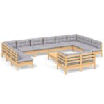 13-Piece Garden Lounge Set with Grey Cushions Pine Wood Outdoor Patio Furniture