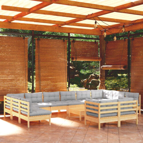 13-Piece Garden Lounge Set with Grey Cushions Pine Wood Outdoor Patio Furniture - Image 2