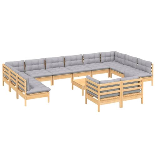 13-Piece Garden Lounge Set with Grey Cushions Pine Wood Outdoor Patio Furniture - Image 3