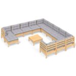 13-Piece Garden Lounge Set with Grey Cushions Pine Wood Outdoor Patio Furniture