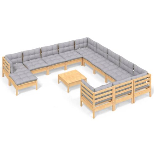 13-Piece Garden Lounge Set with Grey Cushions Pine Wood Outdoor Patio Furniture
