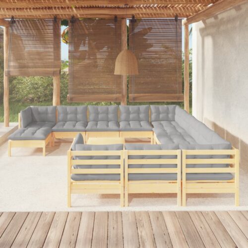 13-Piece Garden Lounge Set with Grey Cushions Pine Wood Outdoor Patio Furniture - Image 2