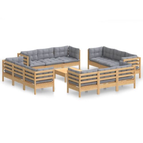 13-Piece Garden Lounge Set with Grey Cushions Pine Wood Outdoor Patio Furniture