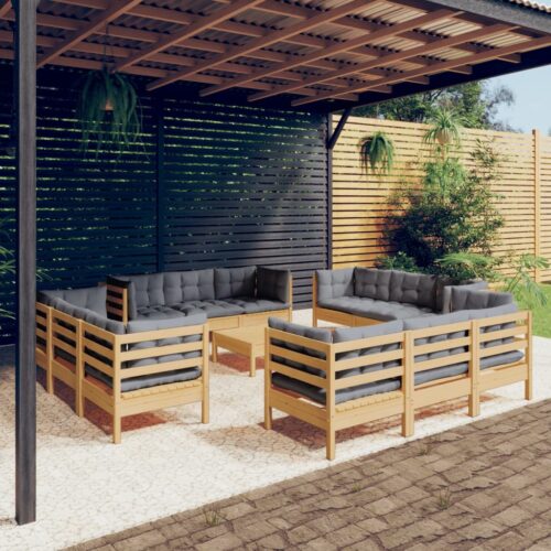 13-Piece Garden Lounge Set with Grey Cushions Pine Wood Outdoor Patio Furniture - Image 2