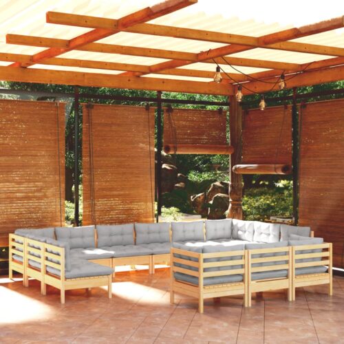 13-Piece Garden Lounge Set with Grey Cushions Pine Wood Outdoor Patio Furniture - Image 2
