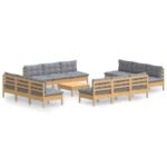 13-Piece Garden Lounge Set with Grey Cushions Pine Wood Outdoor Patio Furniture