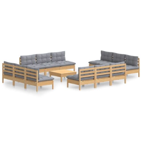 13-Piece Garden Lounge Set with Grey Cushions Pine Wood Outdoor Patio Furniture