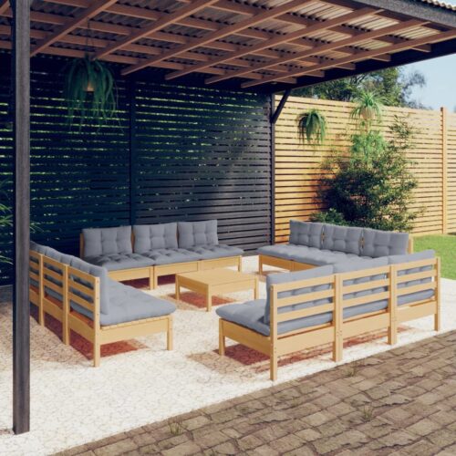13-Piece Garden Lounge Set with Grey Cushions Pine Wood Outdoor Patio Furniture - Image 2