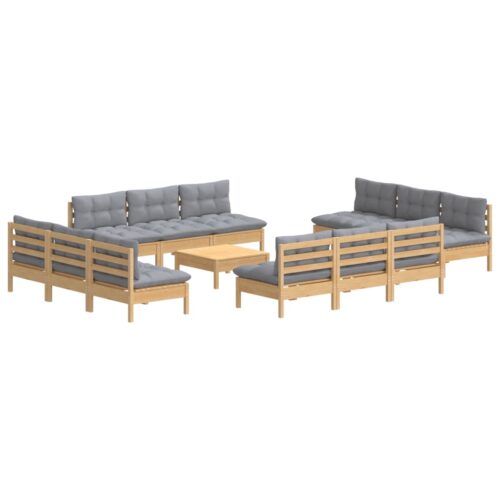 13-Piece Garden Lounge Set with Grey Cushions Pine Wood Outdoor Patio Furniture - Image 3