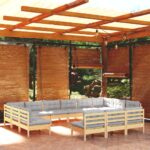 13-Piece Garden Lounge Set with Grey Cushions Pine Wood Outdoor Patio Furniture