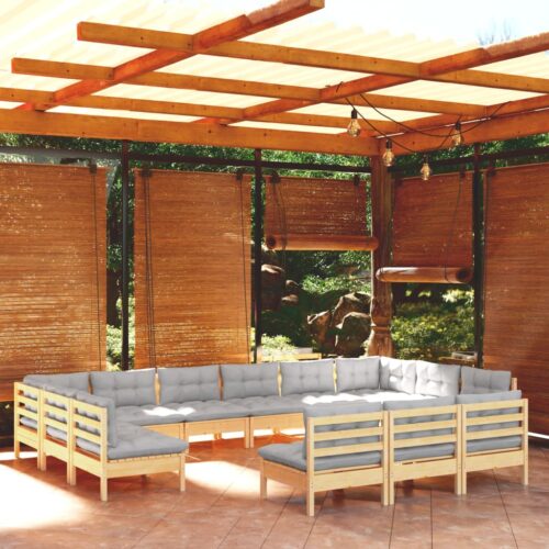 13-Piece Garden Lounge Set with Grey Cushions Pine Wood Outdoor Patio Furniture