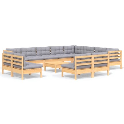 13-Piece Garden Lounge Set with Grey Cushions Pine Wood Outdoor Patio Furniture