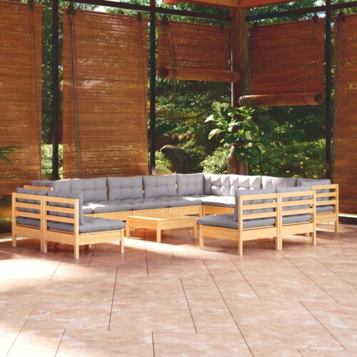 13-Piece Garden Lounge Set with Grey Cushions Pine Wood Outdoor Patio Furniture - Image 2